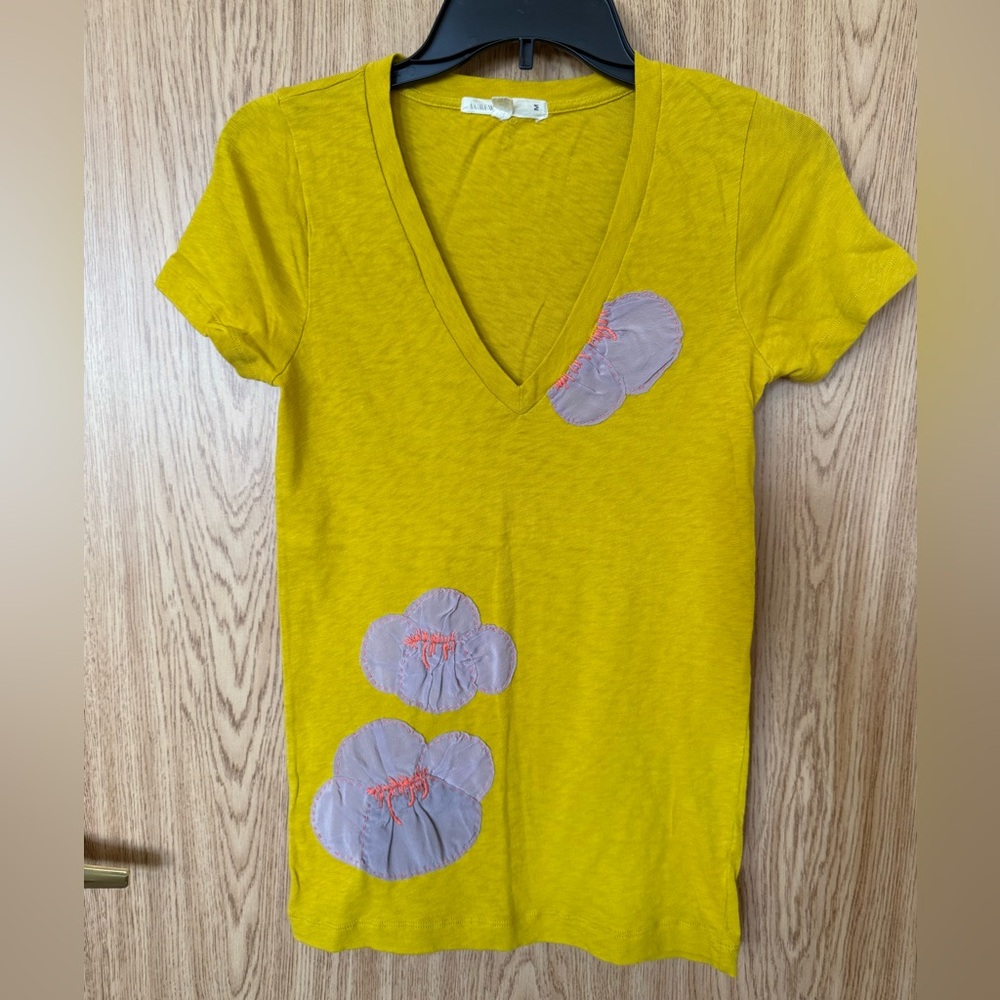 J. Crew Mustard Yellow Cotton Silk Floral Embellished Tee